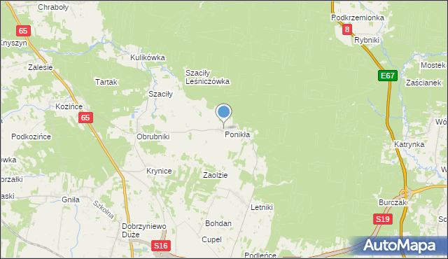 mapa Ponikła, Ponikła gmina Dobrzyniewo Duże na mapie Targeo